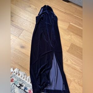 90’s vintage night way velvet dress dark blue formal high slit high neck